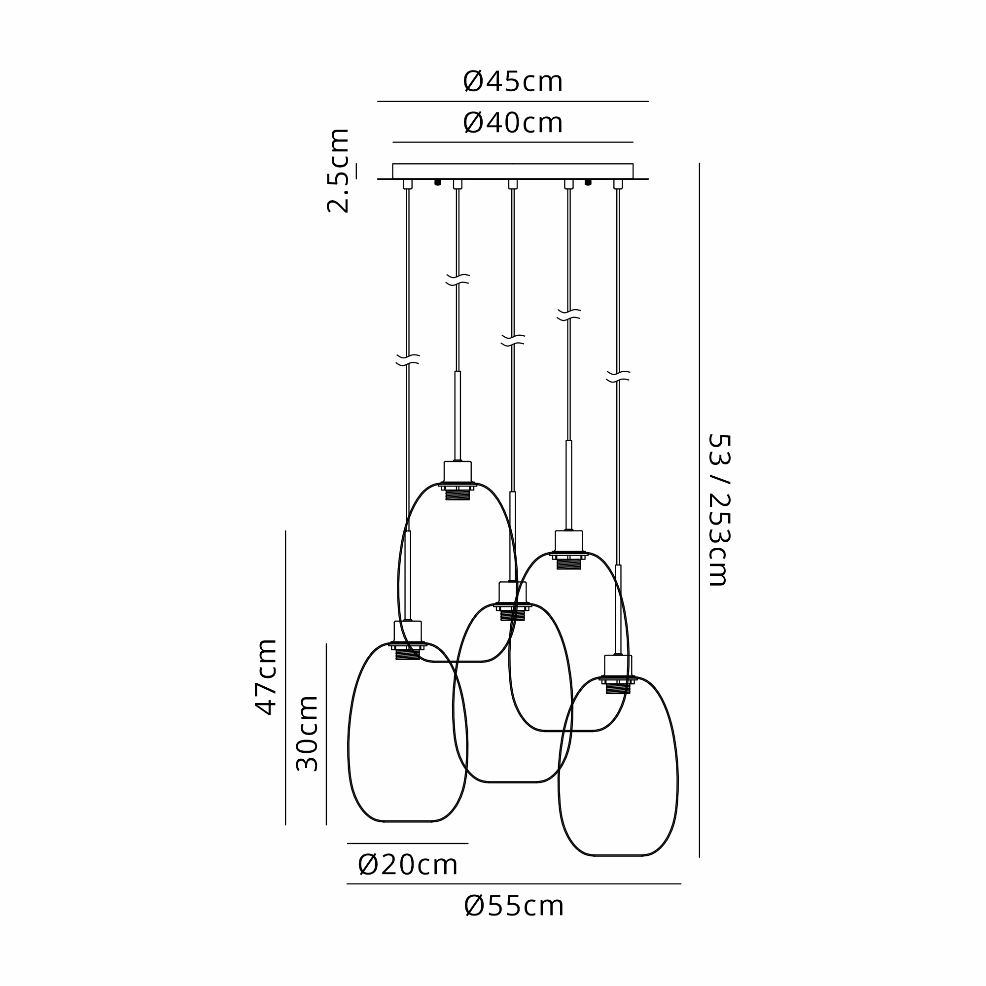 DK1376  Lori 45cm Round Pendant, 5 Light Adjustable E27, Satin Nickel/Clear Slim Curved Trapezium Shades